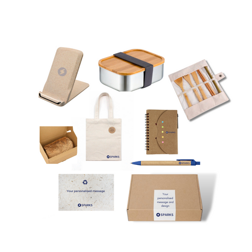 SUSTAINABLE Daily Use Gift Box is a swag box with products made from sustainable materials. The swag box includes phone stand, lunchbox, cutleries, soap, tote bag, notebook, pen, and seedcard.