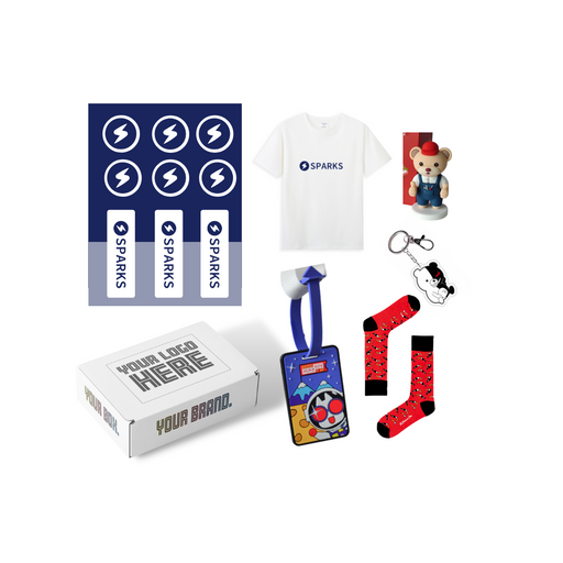 CLIENT Gift/BRAND REVAMP Box is a company swag pack that includes stickers, socks, keychains and tshirt