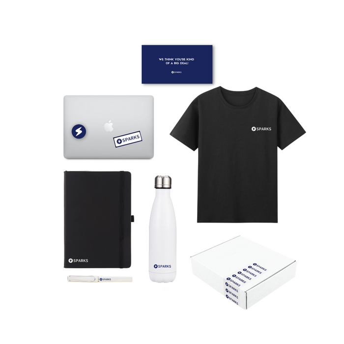 NEW HIRE Gift Box is a new employee onboarding welcome corporate swag pack box with t-shirt, bottle, notebook and pens