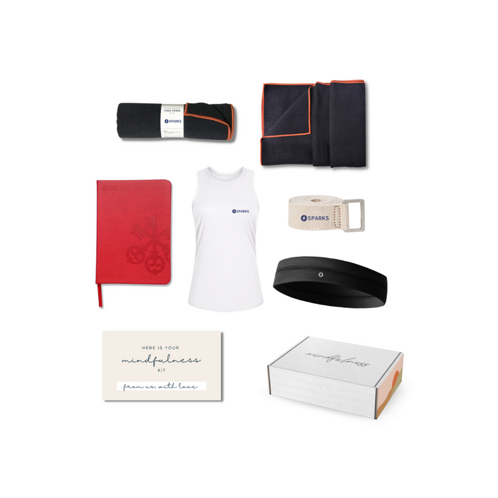 MINDFULNESS & YOGA Gift Box is a corporate swag box that includes notebook, fitness band, fitness strap, towel and seedcard.